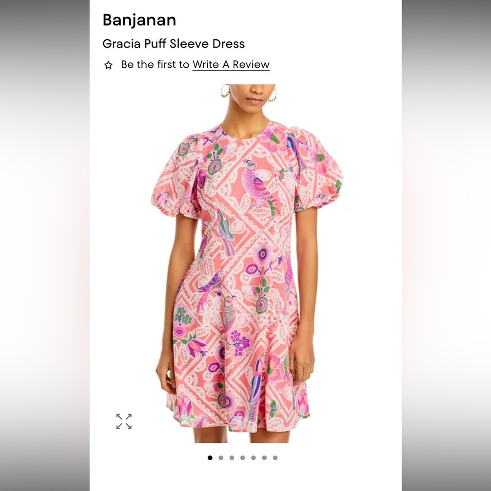 NWT Banjanan Gracia Pink Floral & Bird Puff-Sleeve Dress Small